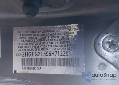 2006 Honda Civic Si z USA, uszkodzony, nr VIN 2HGFG21596H712251